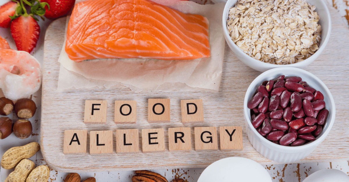 Food allergies - food concept with major allergens, rustic wood background, most common food allergies